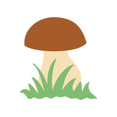 One mushroom in green grass on a white background, autumn vector illustration.