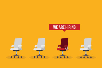 We are hiring, recruiting concept, resources job employment career jobless interview, chairs isolated on background.