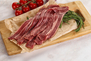 Raw beef bacon for cooking