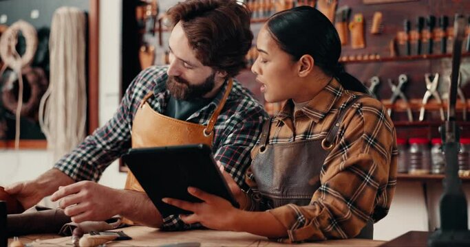 Leather work, man and woman with tablet in workshop, tools and manufacturing of unique textile product. Ecommerce, online sales and craft team small business tannery with email, schedule and planning