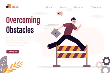 Confident businessman or manager jumps over hurdle. Overcoming obstacles, landing page template. Solving business problems. Skills improvement. Successful employee fast run.