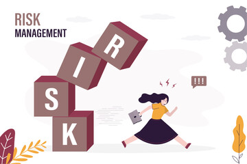 Risk management, concept. Businesswoman run away from unbalanced pyramid of blocks with text - RISK. Falling stock market. Investor loser. Financial management,