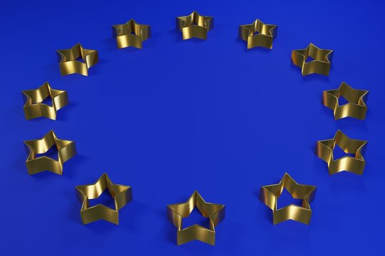 The flag of the European Union made of voluminous gold stars on a blue background. 3D rendering