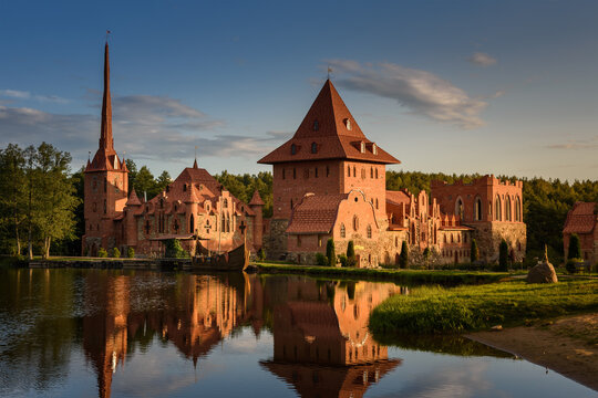 SULA, BELARUS - SEP.  03, 2023: Belarusian cultural and historical complex Sula, Dzerzhinsky district, Minsk region.  evening view