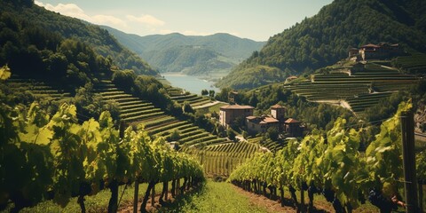 Generative AI, beautiful Italian vineyard, green landscape. Rows of vines on sunset	