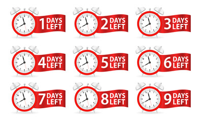Days Left Badges and Stickers. Count time sale. Number of days left. Countdown left days banner. Count down vector banner template. Promotion sale badge. Alarm clock icon. Vector illustration