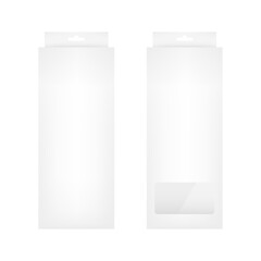 White empty box mockup with transparent window and hanging tab. Accessories packaging. Blank product package template. Vector illustration