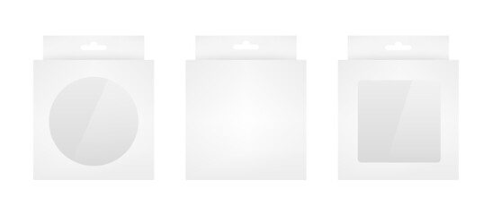 Blank set paper packaging box with hanging hole isolated on white background. Product package template. Accessories packaging. Mockup template design. Front view. Vector illustration