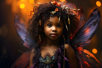 studio portrait of a little black girl wearing halloween fairy costume