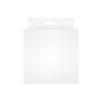 Blank paper packaging box with hanging hole isolated on white background. Product package template. Accessories packaging. Mockup template design. Front view. Vector illustration
