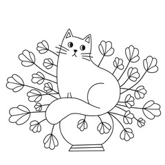 Cat and indoor flower, line drawing. Stylized character for coloring.