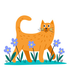 Cat character and indoor flowers. Flat style.