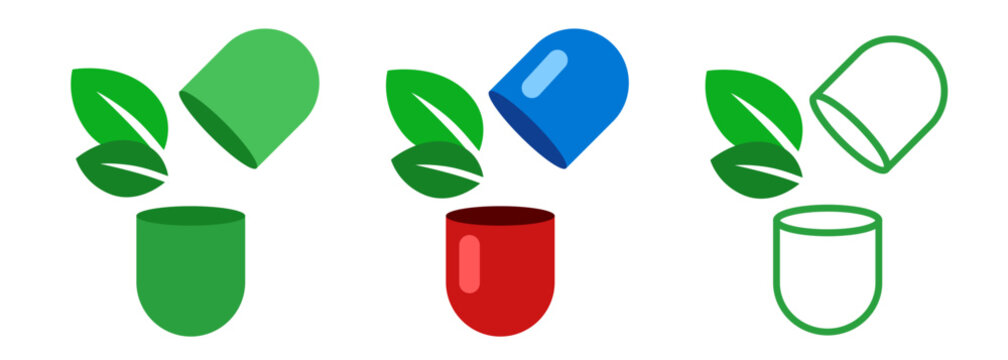 Herbal leaves inside capsule symbol of natural ingredient in pharmacy supplement icon logo set
