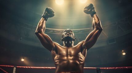 Muscular body of boxer in ring.  - obrazy, fototapety, plakaty