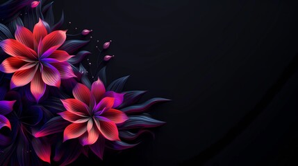Design banner with neon flowers on black background. Copy space. Gloomy natural composition