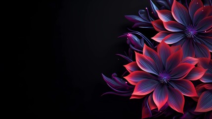 Design banner with neon flowers on black background. Copy space. Gloomy natural composition