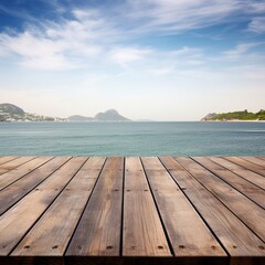 Fototapeta premium Wooden table top with sea view background. Nice view, relaxing by the sea