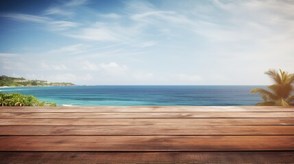 Fototapeta premium Wooden table top with sea view background. Nice view, relaxing by the sea