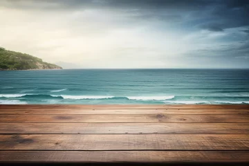 Photo sur Plexiglas Descente vers la plage Wooden table top with sea view background. Nice view, relaxing by the sea