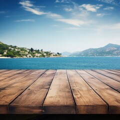 Wooden table top with sea view background. Nice view, relaxing by the sea