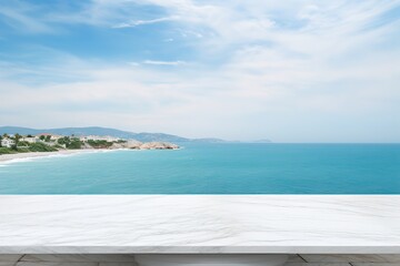 Obraz premium Empty white marble table top with sea background. Mockup design for display or montage of product placement. Summer luxury layout