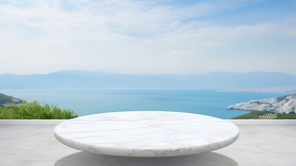 Empty white marble table top with sea background. Mockup design for display or montage of product placement. Summer luxury layout - obrazy, fototapety, plakaty