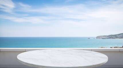 Fototapeta premium Empty white marble table top with sea background. Mockup design for display or montage of product placement. Summer luxury layout