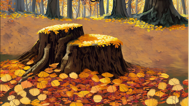 秋の森の切り株