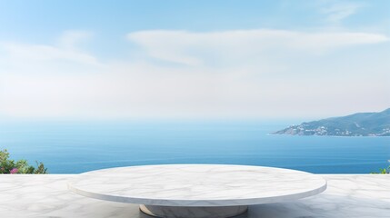 Fototapeta na wymiar Empty white marble table top with sea background. Mockup design for display or montage of product placement. Summer luxury layout