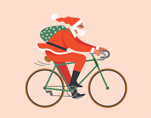 The young man or Santa Claus rides a bicycle in red hat and carries gifts. Isolated vector illustration in cartoon design.