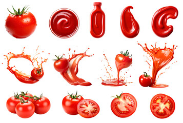 Set Tomato food products on transparent background, tomatoes, tomato slice, tomato juice splash, ketchup, sauce for your advertisement - obrazy, fototapety, plakaty