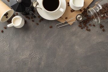 Coffee Blissful Gathering: Top view photo featuring coffee beans, espresso cup, milk and cream...