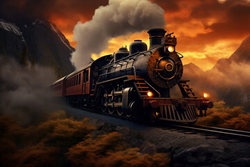 A painting of a train on a train track. The steam locomotive moves at sunset in the red rays of the sun along the railroad tracks. Puffs of smoke from the chimney of a retro train.