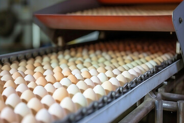 Chicken eggs move along a conveyor in a poultry farm. Food industry concept, chicken egg production. Lots of brown and white chicken eggs.