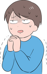 不安そうな顔でお願いしている私服の若い男性(上半身)