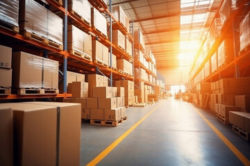 A large warehouse filled with neatly stacked boxes. Selective focus. Large space for storing and moving goods. Logistics. Trade in the modern world.