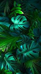 Vertical wallpaper of palm leaves and monstera in jungle, idea for interior, top view.