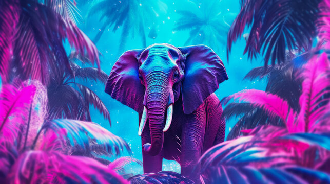 Futuristic design, wild elephant in jungle, wallpaper idea for interior or tech cover.