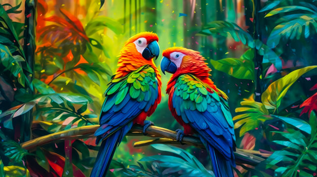 A pair of colorful macaws on a branch in the jungle.
