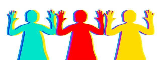 Silhouettes of women with hands up on white background Riso Print with women. Risograph effect Minimalist art print. Vector