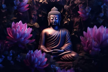 Fototapeten Buddha statue with purple flowers in the background..Generative Ai © Rudsaphon