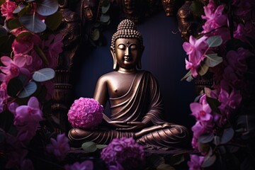 Buddha statue with purple flowers in the background..Generative Ai