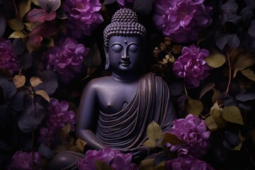 Buddha statue with purple flowers in the background..Generative Ai