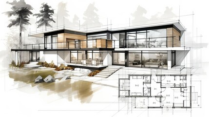 Modern house architect pencil drawing sketch