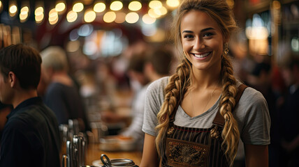 Fototapeta na wymiar Cheers to Oktoberfest: Smiling Girl Serving Beer