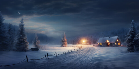 Christmas cabin at night. Christmas panoramic snow landscape, cinematic lighting - obrazy, fototapety, plakaty