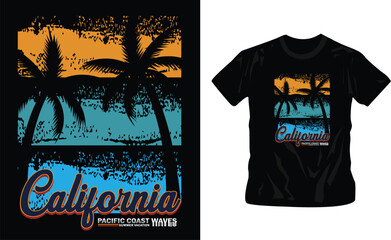 California Ocean side stylish t-shirt and apparel trendy design with palm trees silhouettes, typography, print, vector illustration shirt design editable template