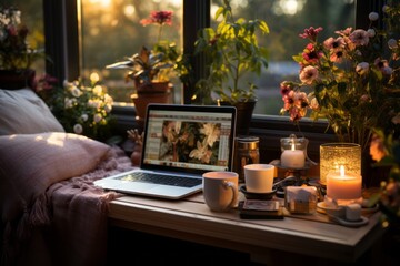 Cozy Home Office Desk Adorned With Plants, Generative AI