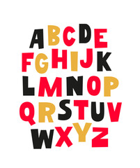 Cute playful simple children's font. The English alphabet, drawn by hand with a marker. Capital letters. Latin alphabet