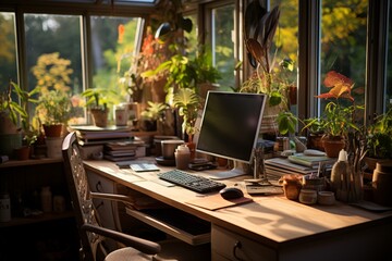 Cozy Home Office Desk Adorned With Plants, Generative AI